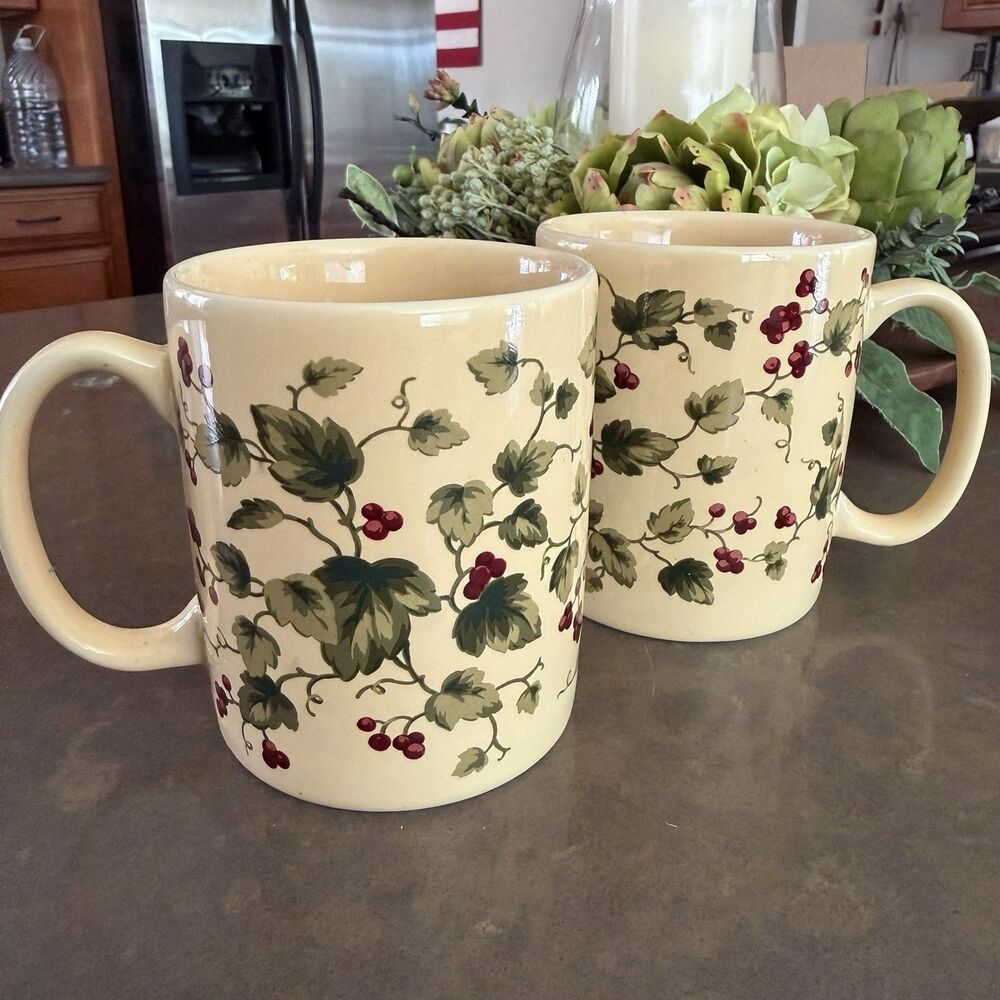 Two (2) Waverly Floral Manor Coffee Tea Mug w/Grapes & Vines Garden & Room